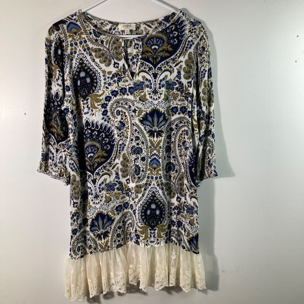 Womens Umgee Floral Paisley Tunic Top Lace Peplum M Blue Cream